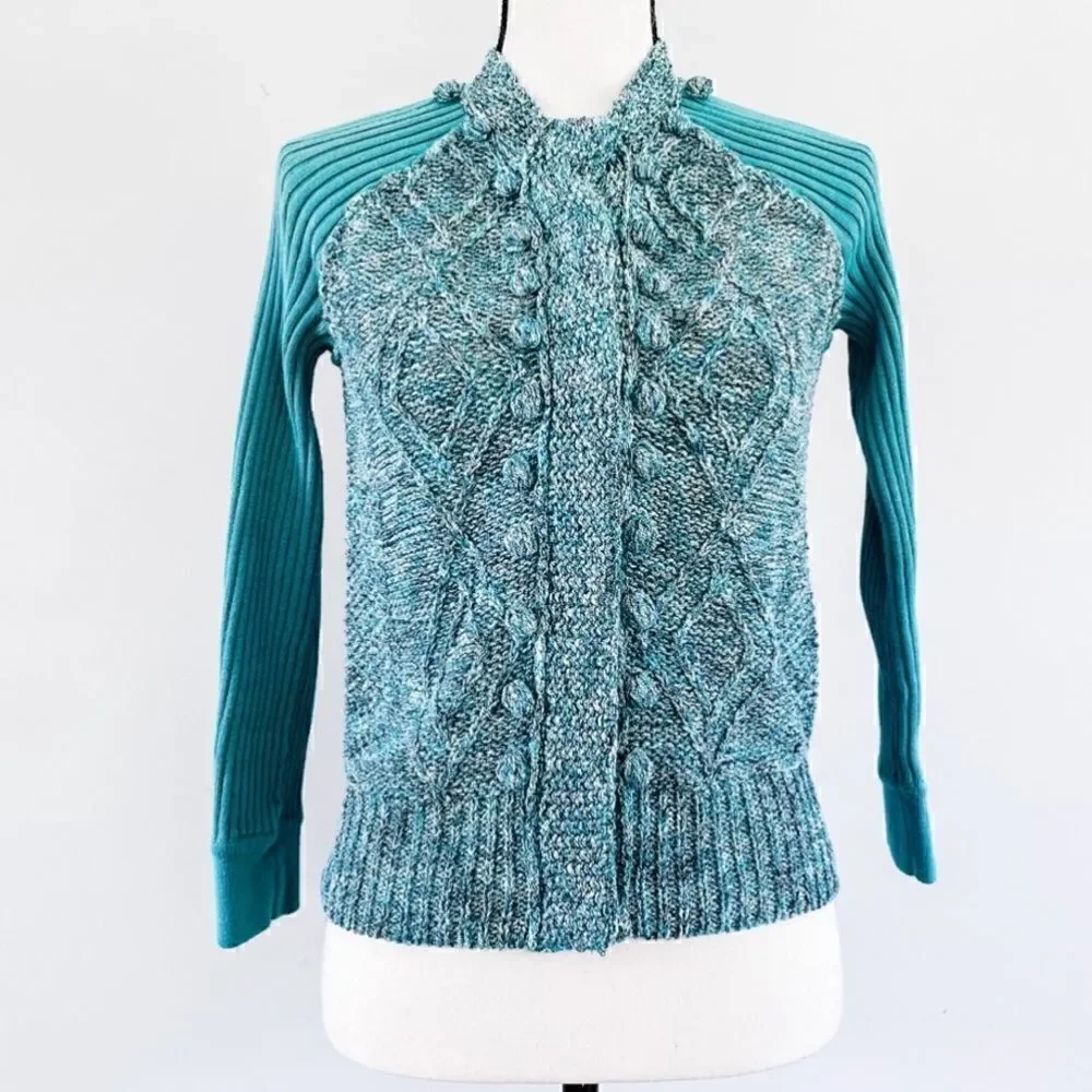 Tory Burch Harper Bobble Knit Button Front Cardigan Teal Navy Blue, Size S
